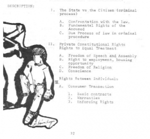 a page from Parkway high school's course listings, 1972. a pen drawing of a young man with next to a list of ideas about freedom and responsibility in learning